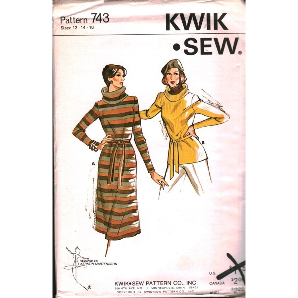 Vintage Kwik Sew 743 Pattern Cowl Neck Dress Sweater Tunic Size 12‎ 14 16 Uncut
